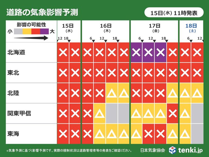 日本海側を中心に局地的なドカ雪や吹雪　17日にかけて大雪による道路への影響に警戒