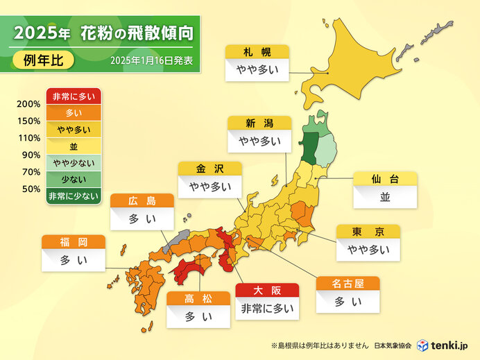 2025年 春の花粉飛散量予測<例年比>