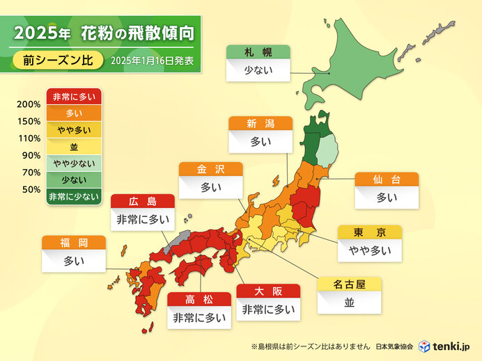 2025年 春の花粉飛散量予測<前シーズン比>