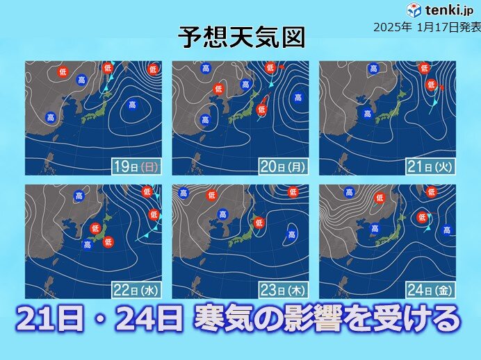 21日(火)と24日(金)は弱いながらも寒気の影響を受ける