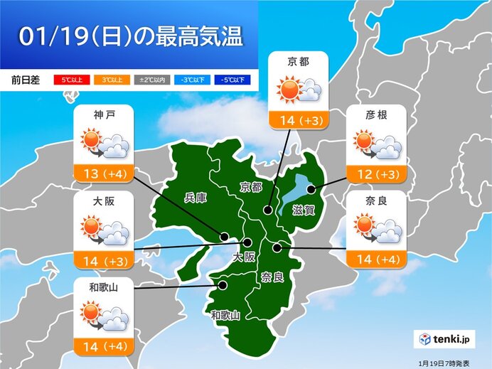 今日19日(日)　昼間は日差しの温もり　夜は中部と南部で雨の所も