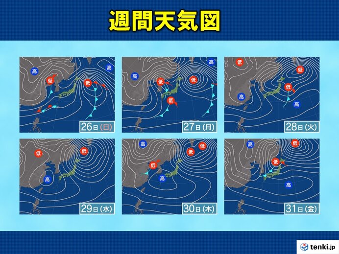 週明け27日(月)～28日(火)は雨・風強まる