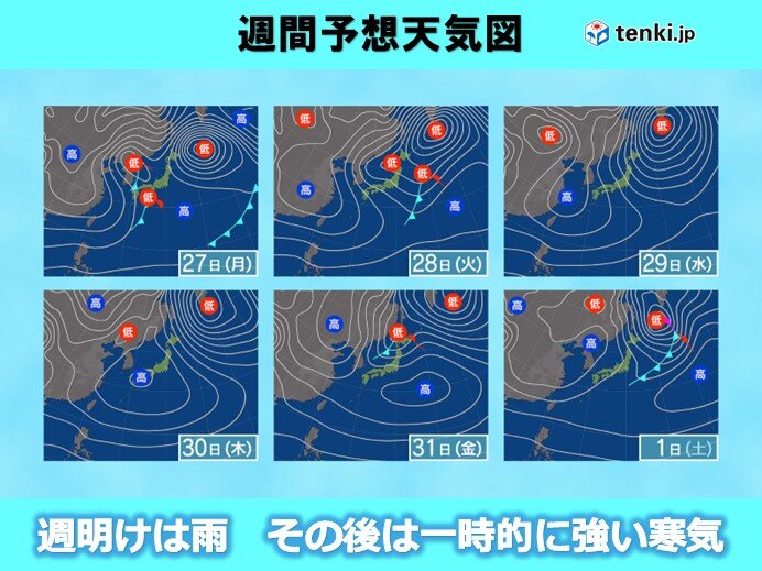 27日(月)は雨　28日(火)と29日(水)は中部と南部でも雪が降る所も