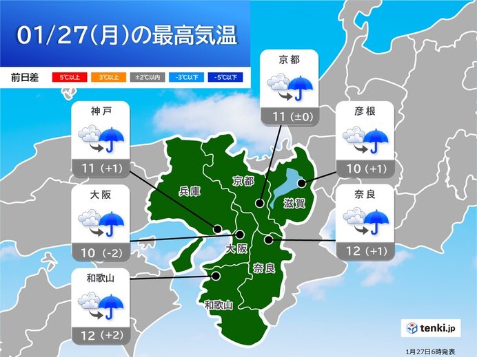 今日27日の最高気温　平年より2℃前後高め