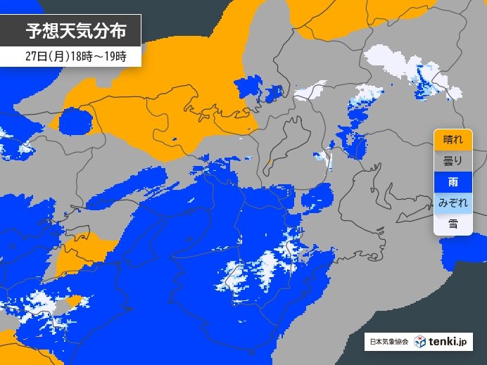 今日27日　帰宅時間帯は大阪など近畿の中部と南部を中心に雨　山沿いでは雪の所も