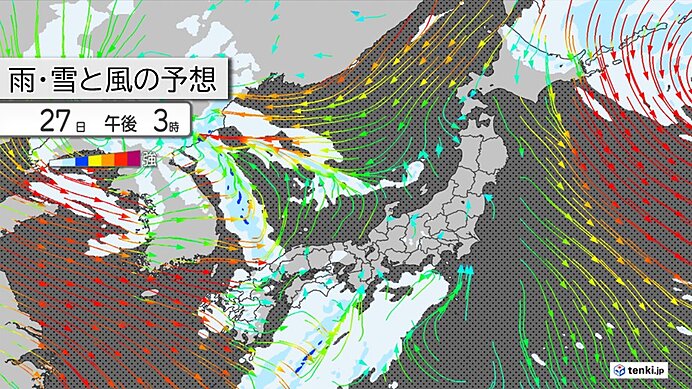 27日は雨の範囲が広がる　夜は関東も一部で雨　北海道は雪　強風や高波に注意