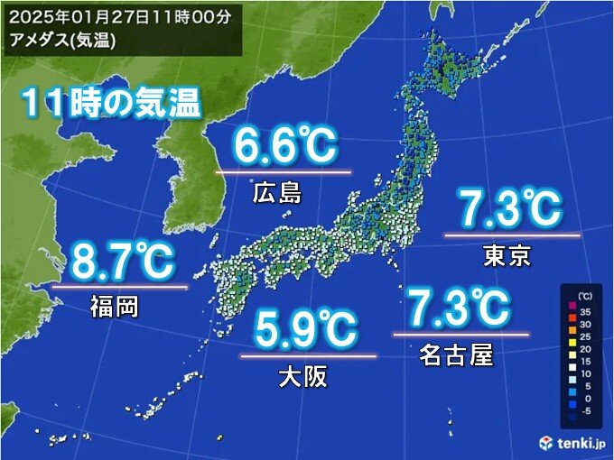 27日昼　関東～九州は気温があまり上がらず　午後も空気冷たい　今週は寒暖差に注意