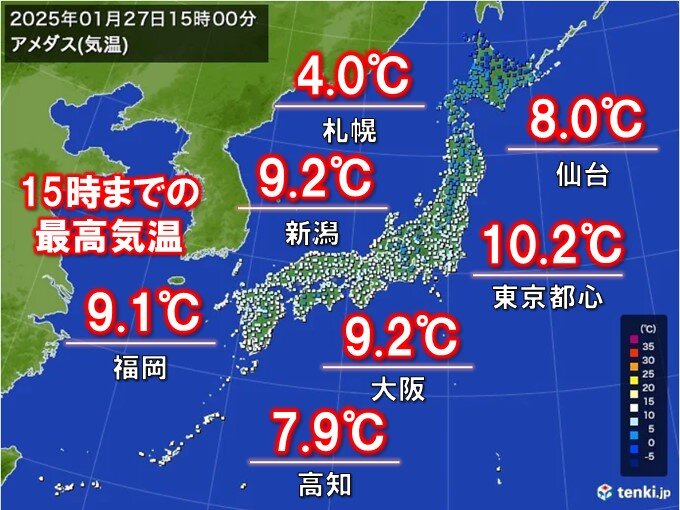 27日(月)　西日本を中心に気温が上がらず