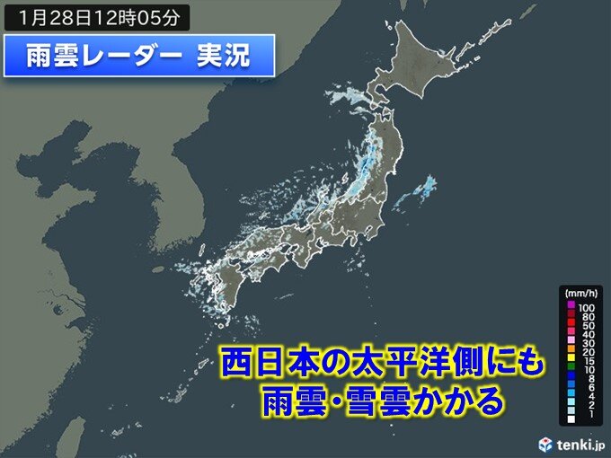 今日28日　西日本の太平洋側にも雪雲