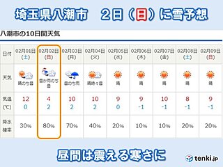 埼玉県八潮市は2日(日)に雪予想　寒さも厳しく万全な防寒が必須