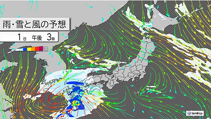 1日　西日本を中心に雨　沖縄や九州は激しい雨も　日本海側は昼頃まで断続的に雪