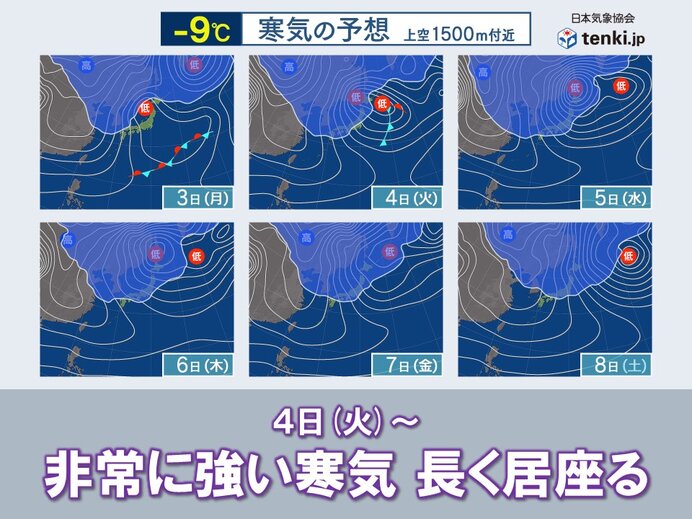 4日(火)から強い冬型の気圧配置続く