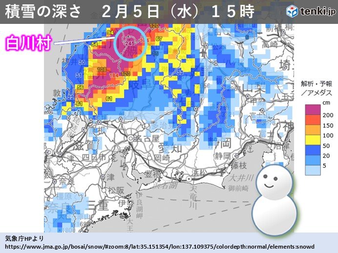 飛騨北部や郡上市山間部は積雪急増　白川村は3年ぶりに2メートル越え