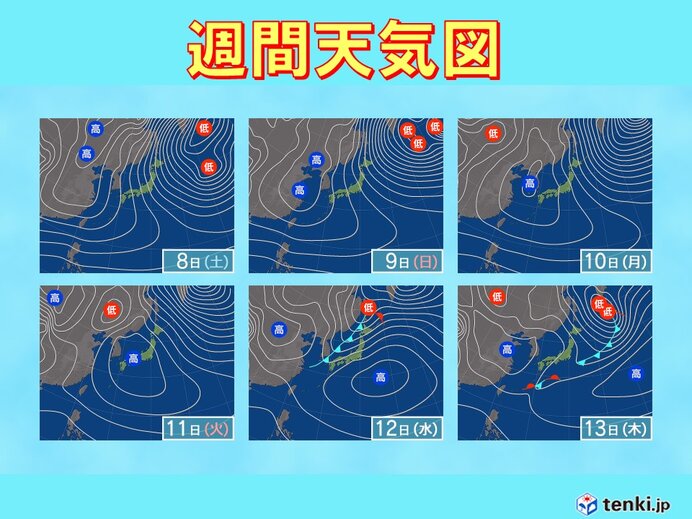 12日～13日は前線が通過　広く雨