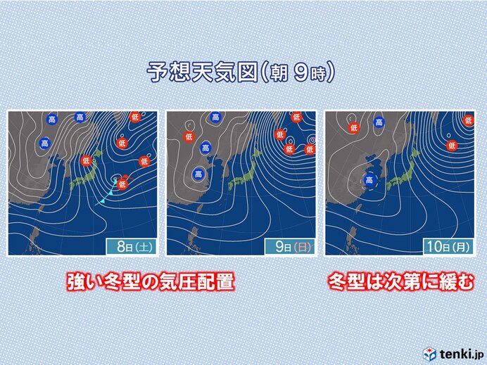 8日(土)～9日(日)　強い冬型の気圧配置が続く　山沿い中心に降雪