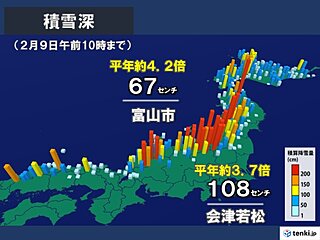 富山など平年の4倍以上の積雪　寒波の峠超えるも10日にかけ積雪増　雪崩・落雪注意