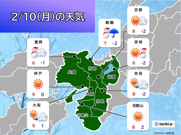 明日10日　朝は厳しい冷え込みの所も　中部と南部では晴れ　北部では雪や雨が降る時も