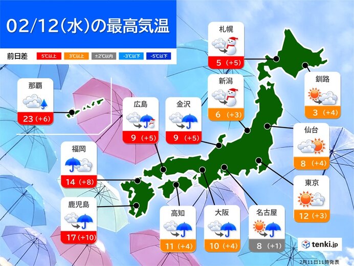 明日12日は広く雨