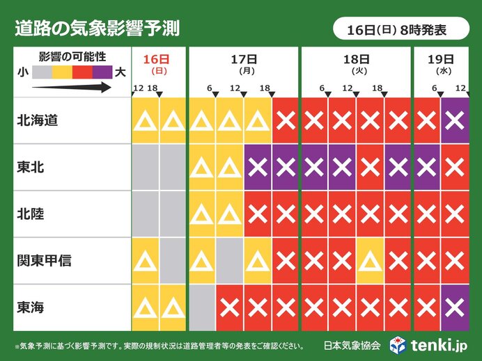 北海道～東海　17日(月)の昼頃から太平洋側も含めた広範囲に影響あり