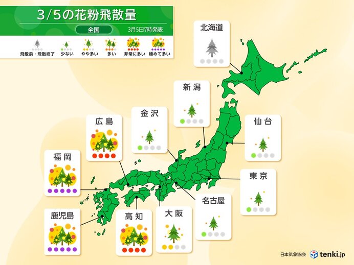 スギ花粉　今日5日は西の地域ほど飛散量増加　九州は「極めて多い」　対策を万全に