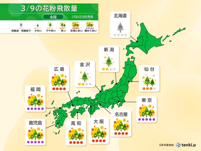 花粉情報　今日9日は雪上がりの関東は「極めて多い」　九州～東海もスギ花粉のピーク