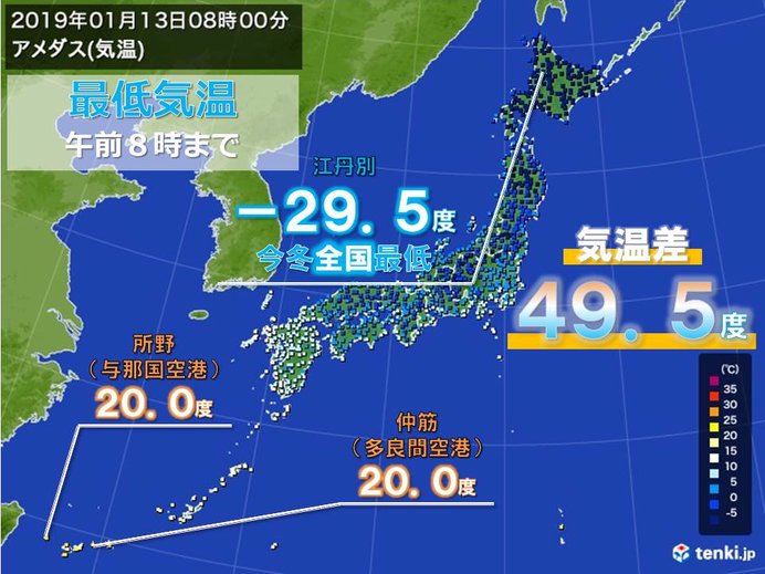 日本列島　北と南で　その差は約50度