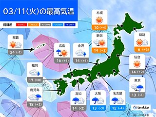 今日11日　関東～九州は雨や雷雨　北海道・東北は晴れて4月並みの暖かさ