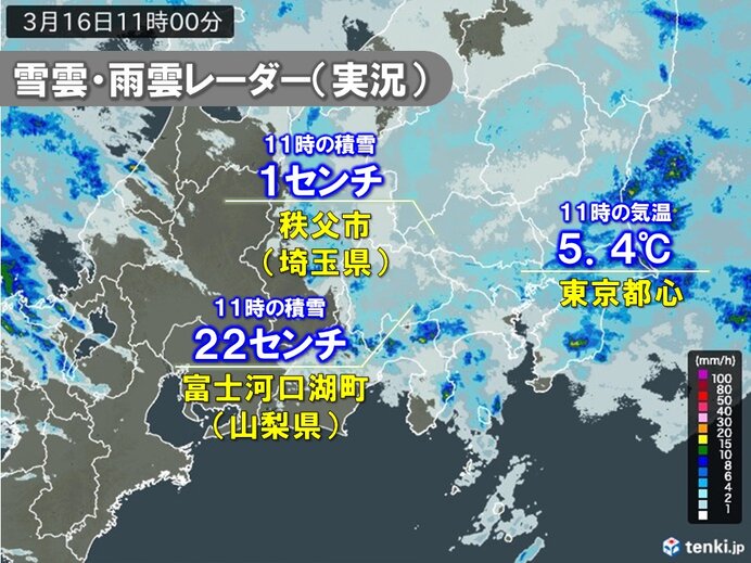 関東甲信は冷たい雨や雪　河口湖3月としては7年ぶり積雪20センチ以上　都心5℃台