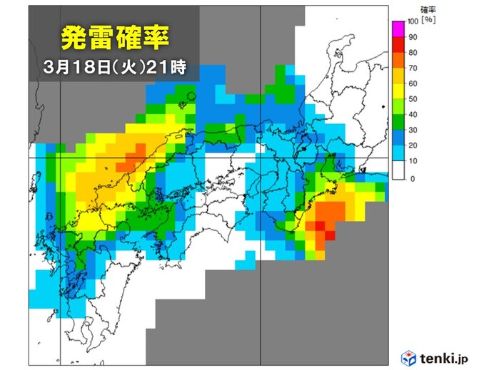 九州～東海で大気の状態が非常に不安定に