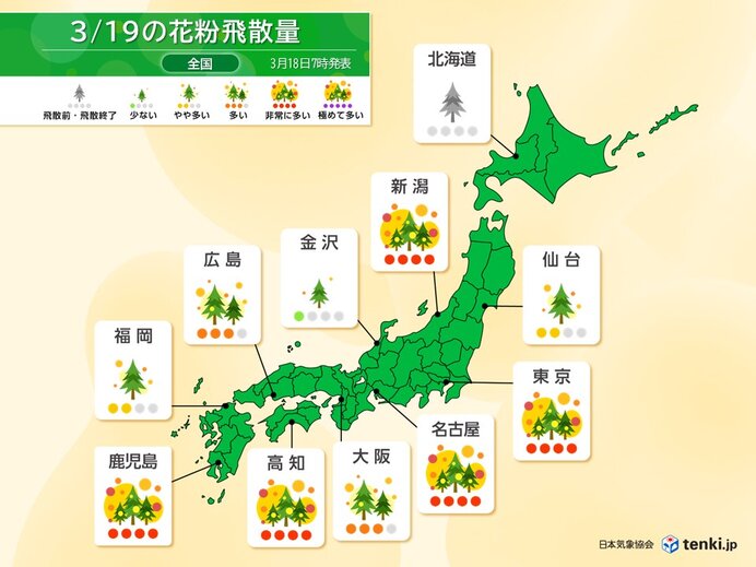 明日19日　厳しい寒さでも花粉が大量飛散