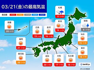 21日　九州～関東は広く晴天　4月並みの陽気　東北や北海道の日本海側は雨や雪