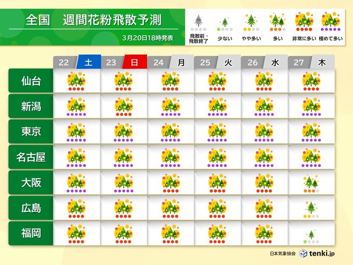 21日も花粉大量飛散　大阪・名古屋・東京など「極めて多い」　スギに加えてヒノキも