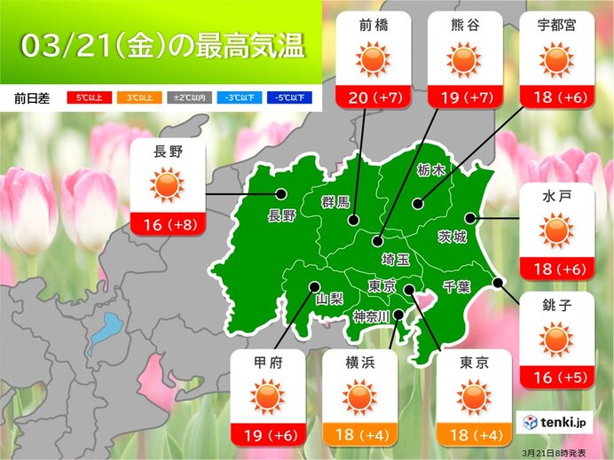 今日21日も広く晴れ　4月並みの陽気