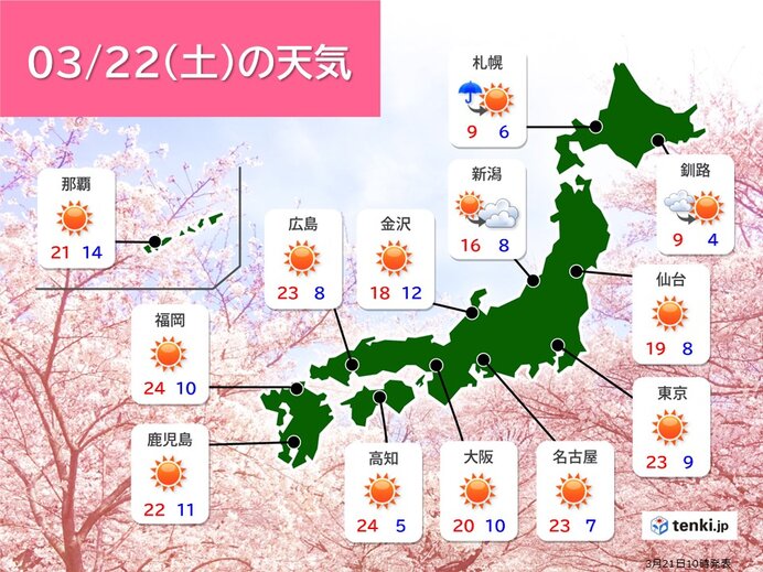 明日22日は関東で夏日も