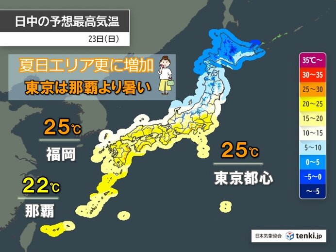 明日23日(日)　夏日地点は更に増加　関東でも今年初の夏日か