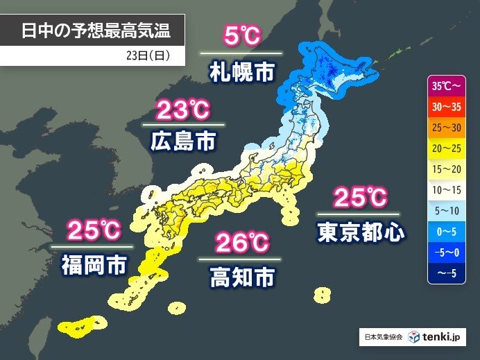 今日23日(日)　九州～関東は夏日地点がさらに増える