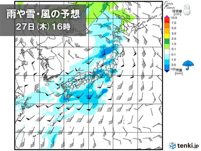 27日(木)～28日(金)　全国的に雨・風が強まる　雨の後は気温が急降下