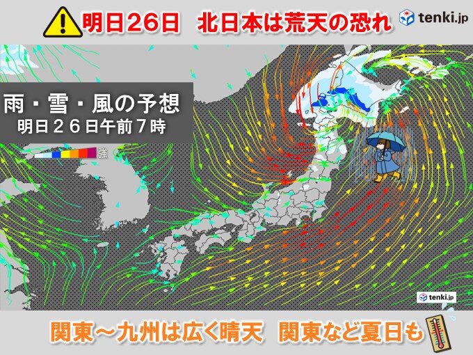 明日26日　北日本は荒天の恐れ　暴風による交通影響に注意