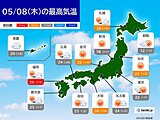 8日は広く晴れ　九州～東海は25℃前後でもカラッとした暑さ　西日本中心に黄砂飛来