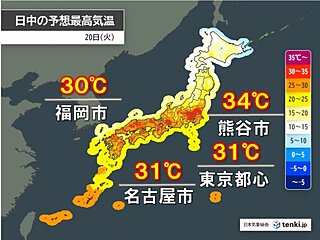 今日20日　関東から西は30℃以上続出　猛暑日に迫る所も　北日本や奄美は雷雨注意