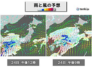 今日24日(土)は九州～東海で非常に激しい雨　関東や東北も夜は広く雨雲がかかる