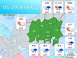 関東甲信　今日29日は天気下り坂　昼頃から所々で雨雲が湧く　夜は広く雨に