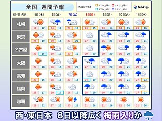 7日までは梅雨入り前の貴重な晴れ　8日以降は西から続々と梅雨入り　早々に強雨も