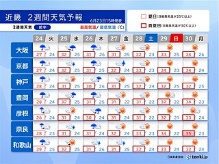 近畿の梅雨明けは近い?　29日(日)ごろからは晴れて再び猛暑も　2週間天気