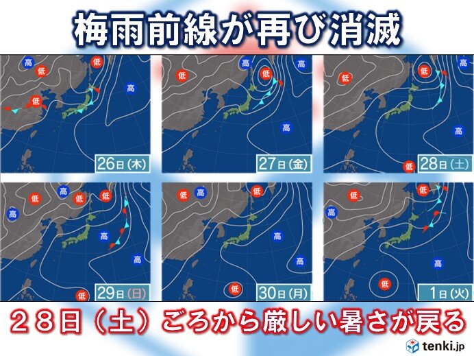 日本付近の梅雨前線が再び消滅　28日(土)ごろから暑さが戻る　万全な熱中症対策を