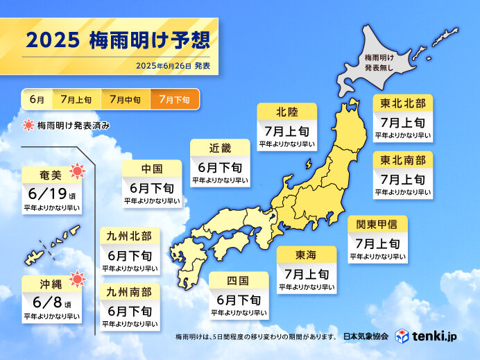 明日以降続々と梅雨明け　九州～近畿は6月下旬　関東甲信を含む東～北日本は7月上旬