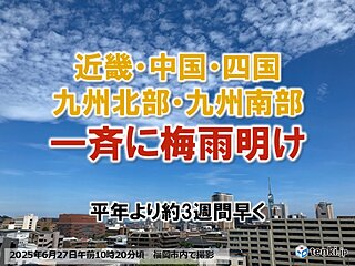 【速報】近畿・中国・四国・九州北部・南部で一斉に梅雨明け　平年より約3週間も早く