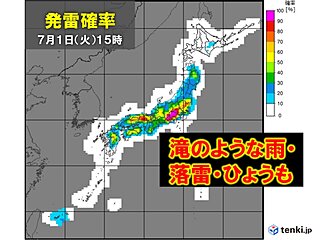 1日　関東甲信～東海など　滝のような雨・ひょうも　天気急変と熱中症に注意・警戒