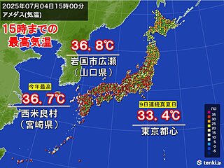 今日4日も気温上昇　東京都心9日連続真夏日　5日も危険な暑さ　35℃以上続出