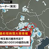 埼玉県川越市付近で1時間に約100ミリの猛烈な雨　「記録的短時間大雨情報」